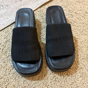 Black Ribbed Slide Sandals
